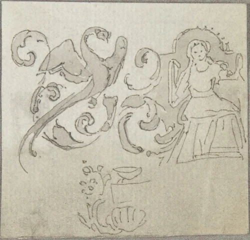 Sketch of Seated Female Figure with Foliate Decoration by William Pitts, drawing, 1805-1840