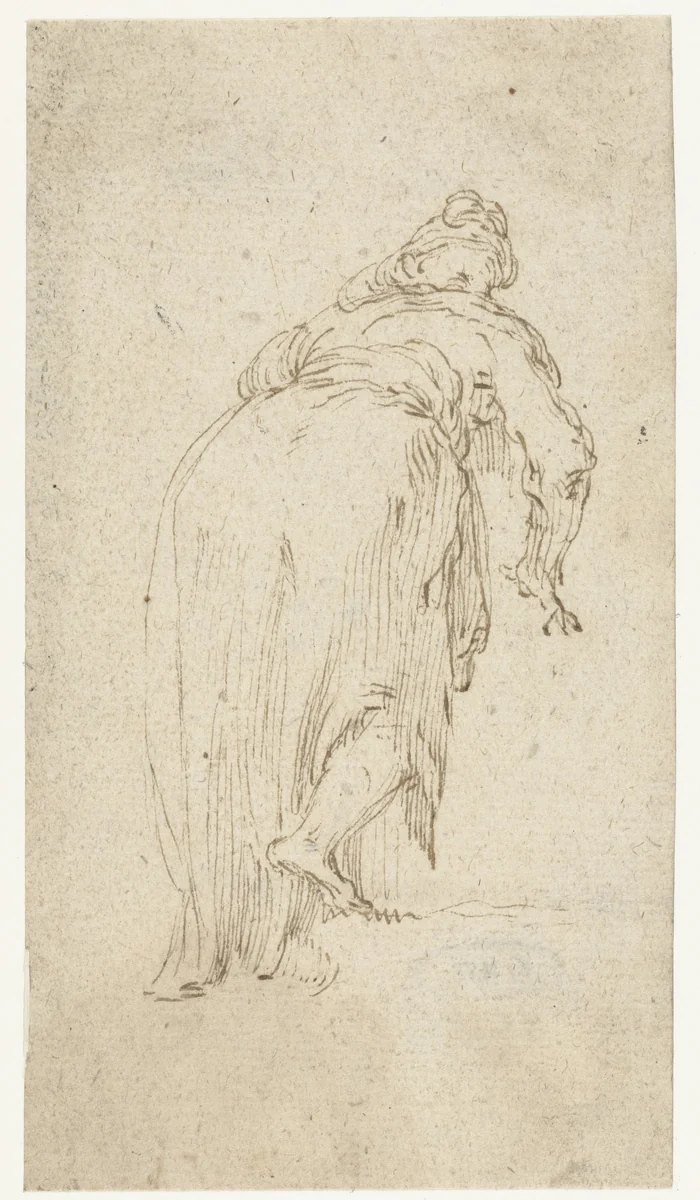 Vrouw voorover gebogen, op de rug gezien by anonymous, drawing, 1611-1661