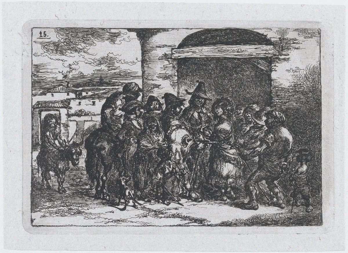 Plate 15: a group of people outdoors, possibly a troupe of actors, from the series of customs and pastimes of the Spanish people by Francisco Lameyer, print, 1850