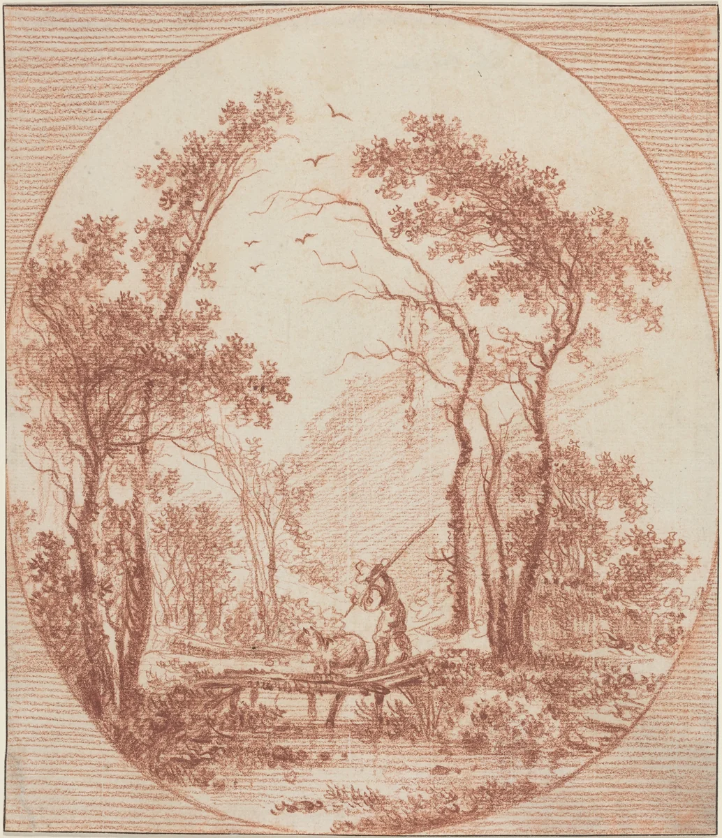 A Farmer and a Sheep Crossing a Rustic Bridge by Jean Baptiste Le Prince, drawing, 1734-1781