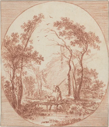 A Farmer and a Sheep Crossing a Rustic Bridge by Jean Baptiste Le Prince, drawing, 1734-1781