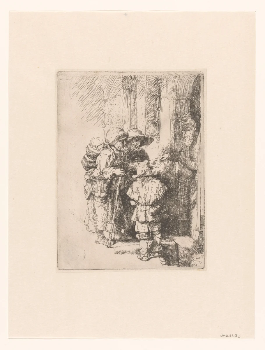 A blind hurdy-gurdy player and family receiving alms by anonymous, print, 1648