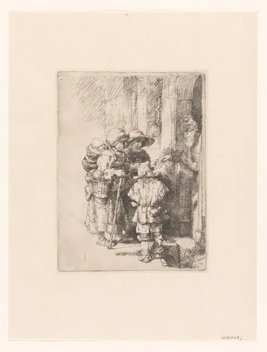 A blind hurdy-gurdy player and family receiving alms by anonymous, print, 1648