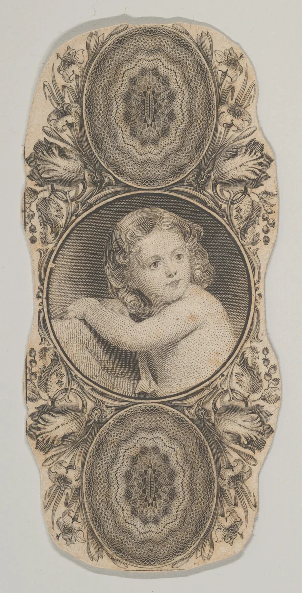 Banknote motif: a child's portrait surrounded by a floral frame by Asher Brown Durand, print, 1819-1837