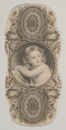 Banknote motif: a child's portrait surrounded by a floral frame by Asher Brown Durand, print, 1819-1837