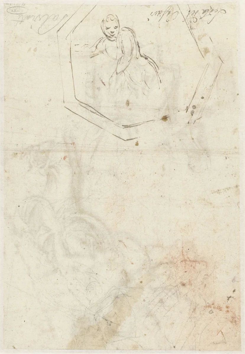 Figuur in zevenkantige lijst by Giulio Romano, drawing, 1510-1546