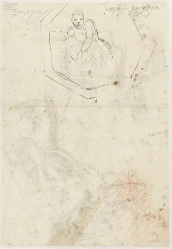 Figuur in zevenkantige lijst by Giulio Romano, drawing, 1510-1546
