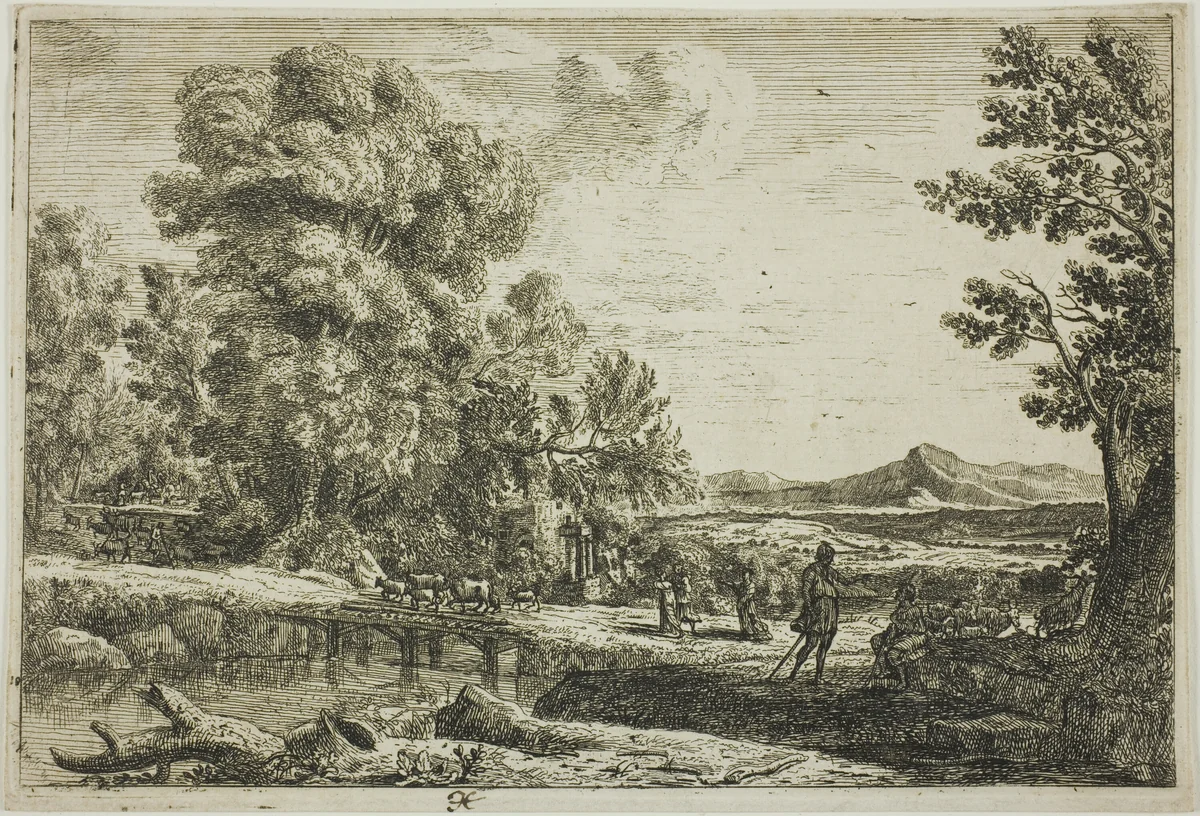 The Wooden Bridge (Rebecca and Eliezer) by Claude Lorrain, print, 1638-1641