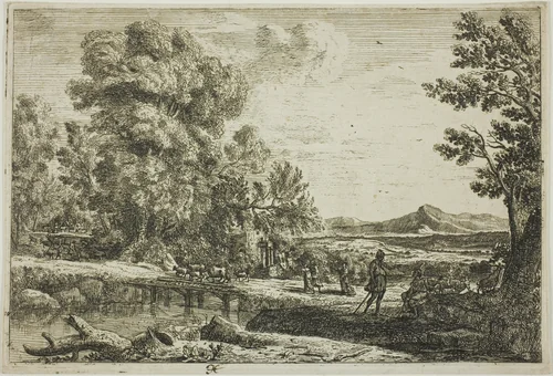 The Wooden Bridge (Rebecca and Eliezer) by Claude Lorrain, print, 1638-1641