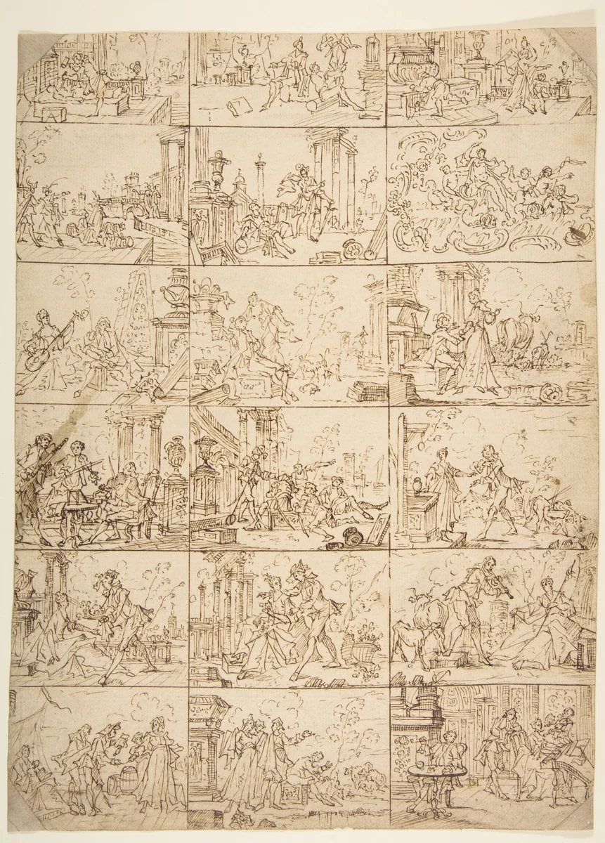 Eighteen Scenes of Courtship (recto), Study of Two Men Meeting Before a Portico by anonymous, drawing, 1700-1799