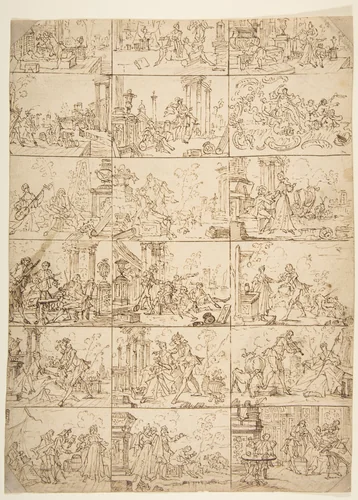 Eighteen Scenes of Courtship (recto), Study of Two Men Meeting Before a Portico by anonymous, drawing, 1700-1799