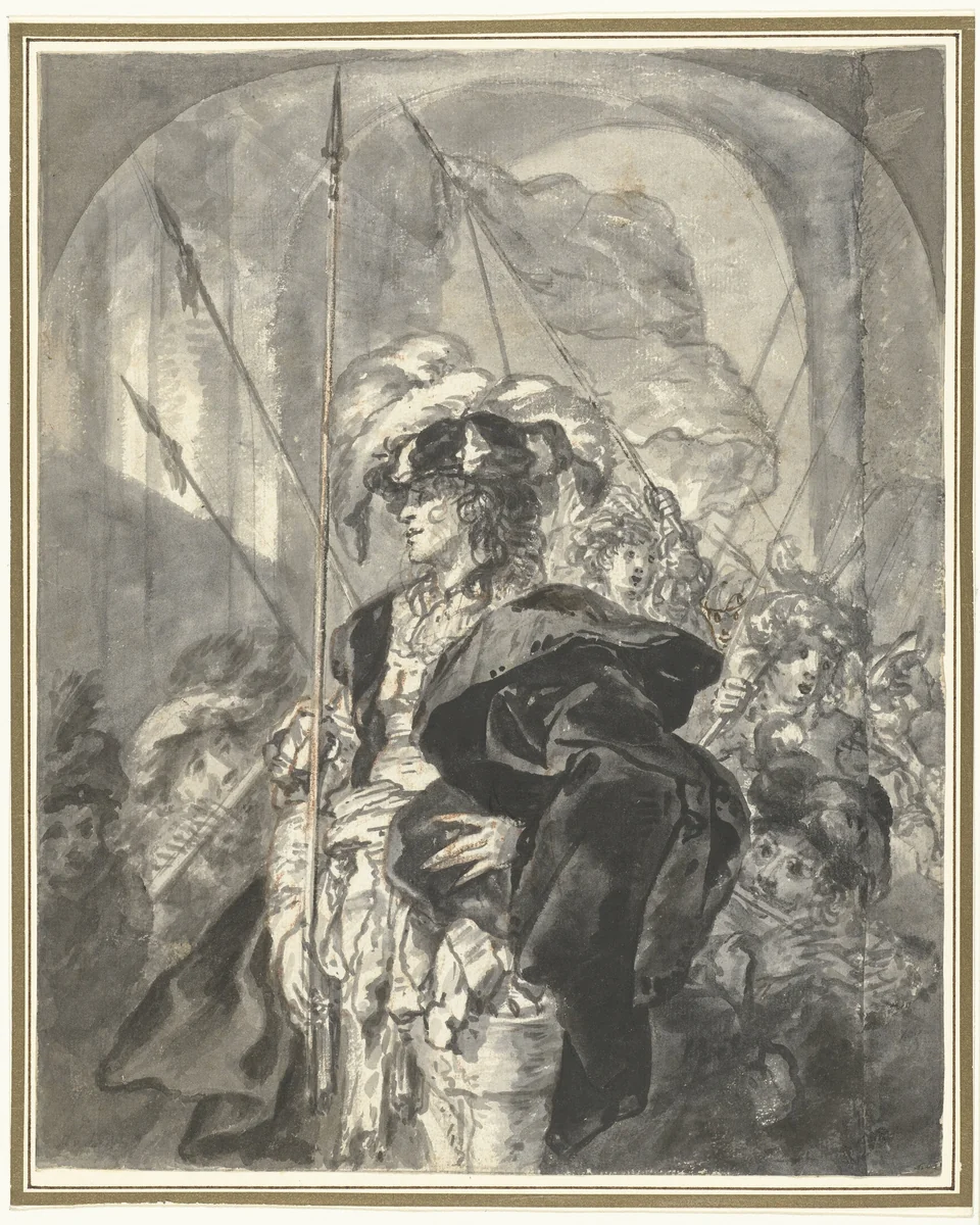 Feestelijk uitgedoste figuur omringd door jongens by Jürgen Ovens, drawing, 1633-1678