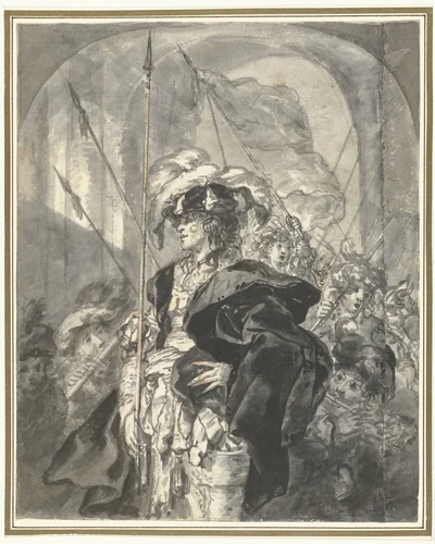 Feestelijk uitgedoste figuur omringd door jongens by Jürgen Ovens, drawing, 1633-1678