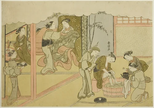 The First Childbirth (Uizan), the seventh sheet of the series "Marriage in Brocade Prints, the Carriage of the Virtuous Woman (Konrei nishiki misao-guruma)" by Suzuki Harunobu (鈴木春信), print, 1764-1770