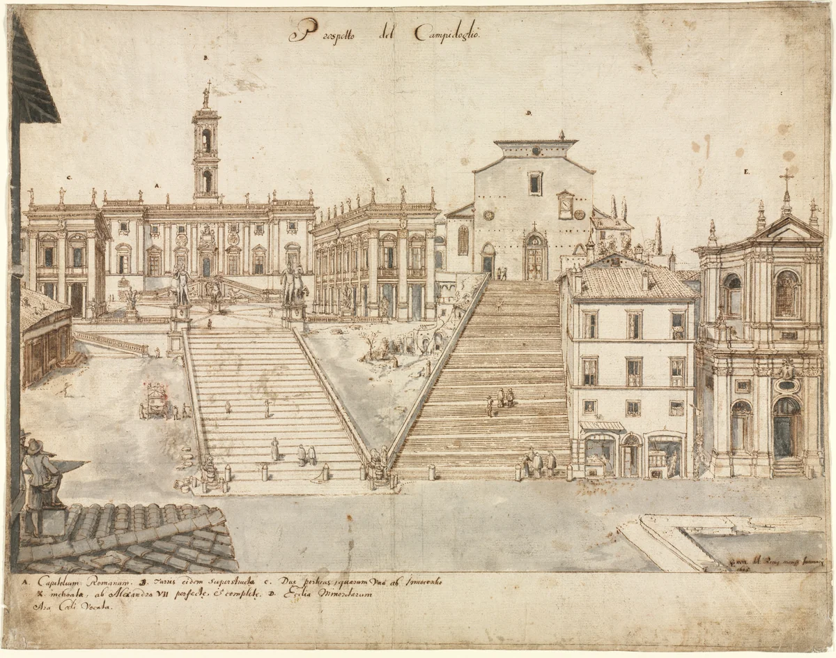 Eighteen Views of Rome: The Campidoglio by Lievin Cruyl, drawing, 1665