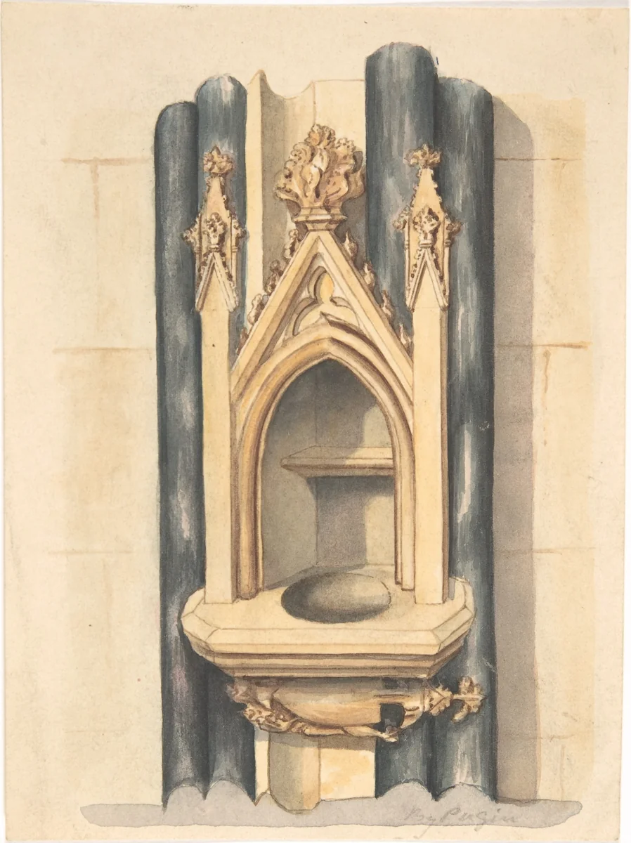 Design for baptismal font set between paired Purbeck marble columns by Auguste Charles Pugin, drawing, 1785-1832