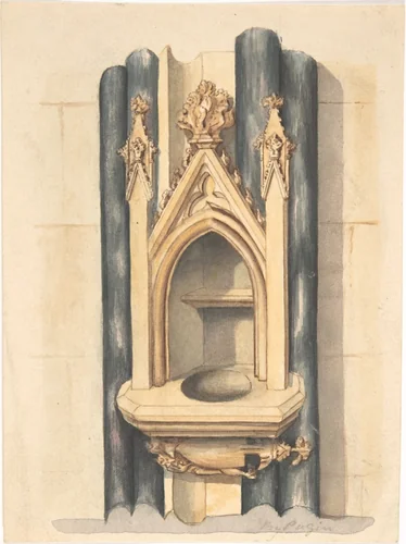 Design for baptismal font set between paired Purbeck marble columns by Auguste Charles Pugin, drawing, 1785-1832