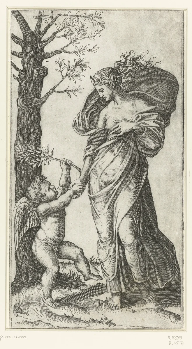 Verzoening van Minerva en Amor by Marcantonio Raimondi, print, 1517-1520