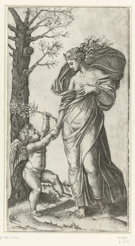 Verzoening van Minerva en Amor by Marcantonio Raimondi, print, 1517-1520