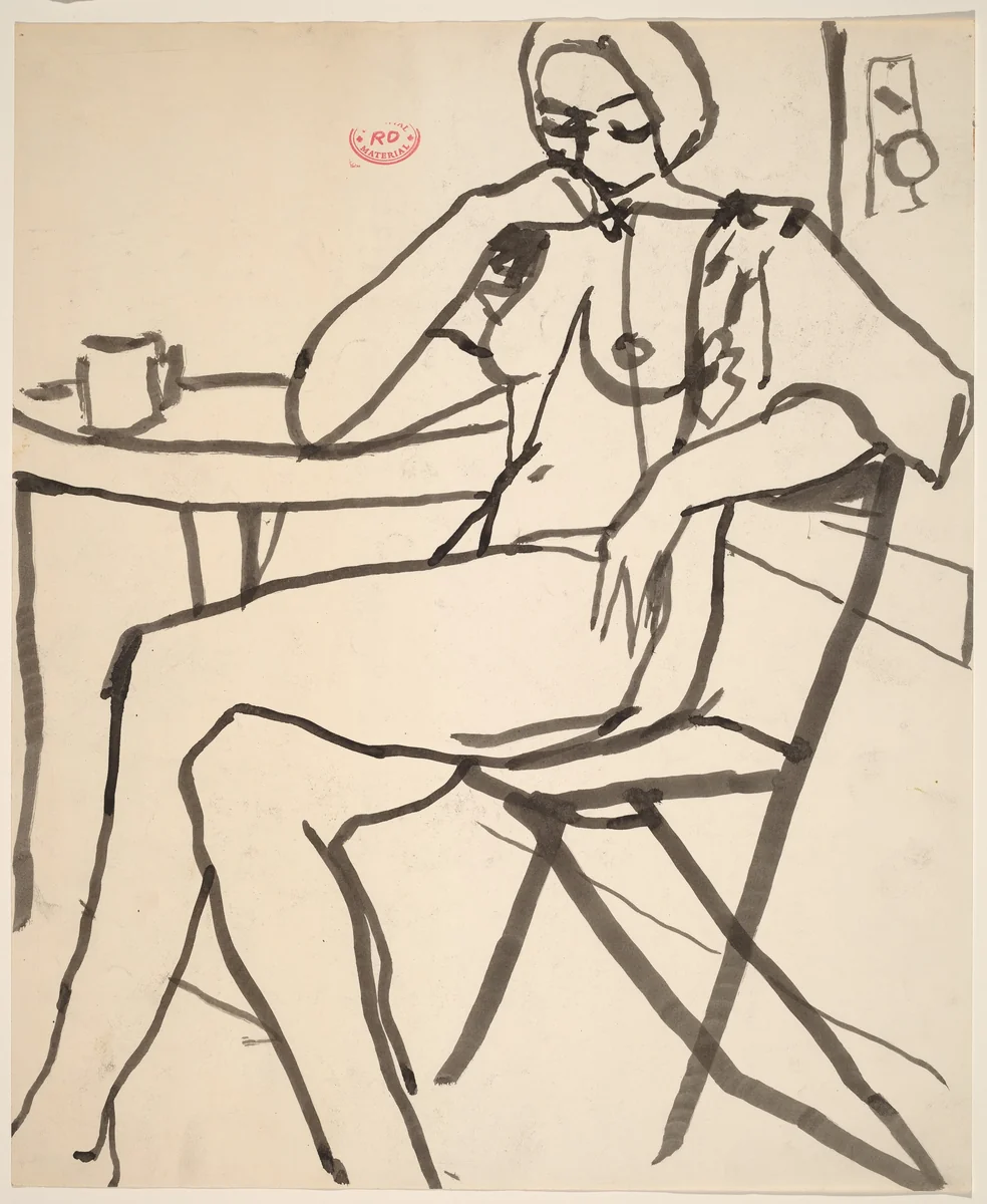 Untitled [female nude seated at table] by Richard Diebenkorn, drawing, 1955-1967