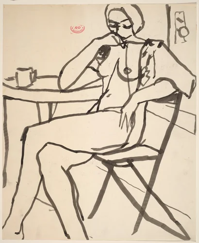Untitled [female nude seated at table] by Richard Diebenkorn, drawing, 1955-1967