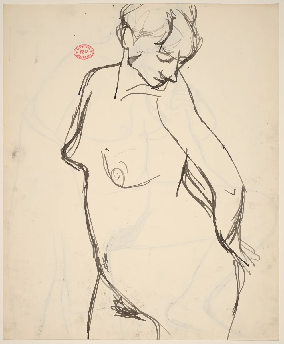 Untitled [standing nude looking over her left shoulder] [recto] by Richard Diebenkorn, drawing, 1955-1967