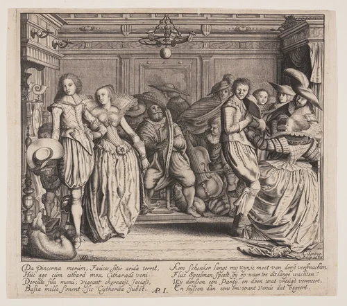 Interior with Musicians and Dancing Couples by Cornelis Koning, print, 1620-1625