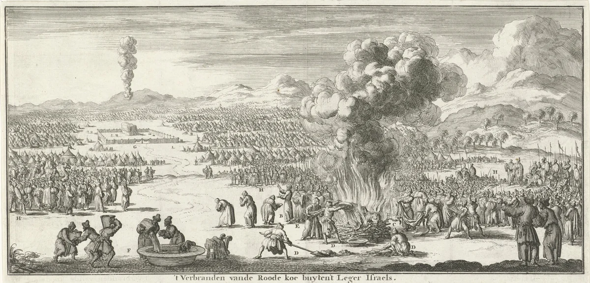 Offer van de rode jonge koe by Jan Luyken, print, 1683