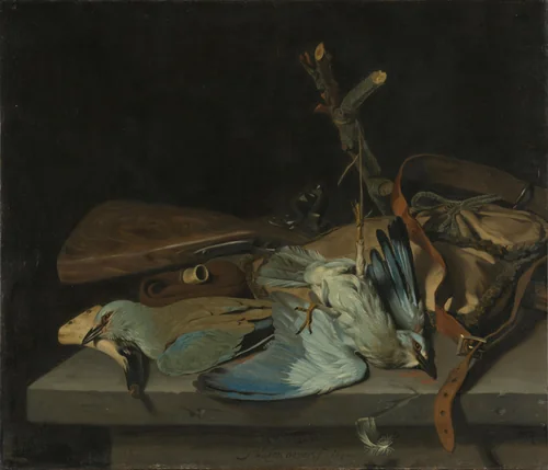 Still life with hunting implements and two European rollers by Hendrick ten Oever, painting, 1670