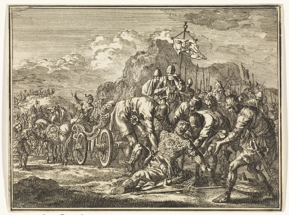 Antiochus Epiphanes valt van zijn strijdwagen by Jan Luyken, print, 1712