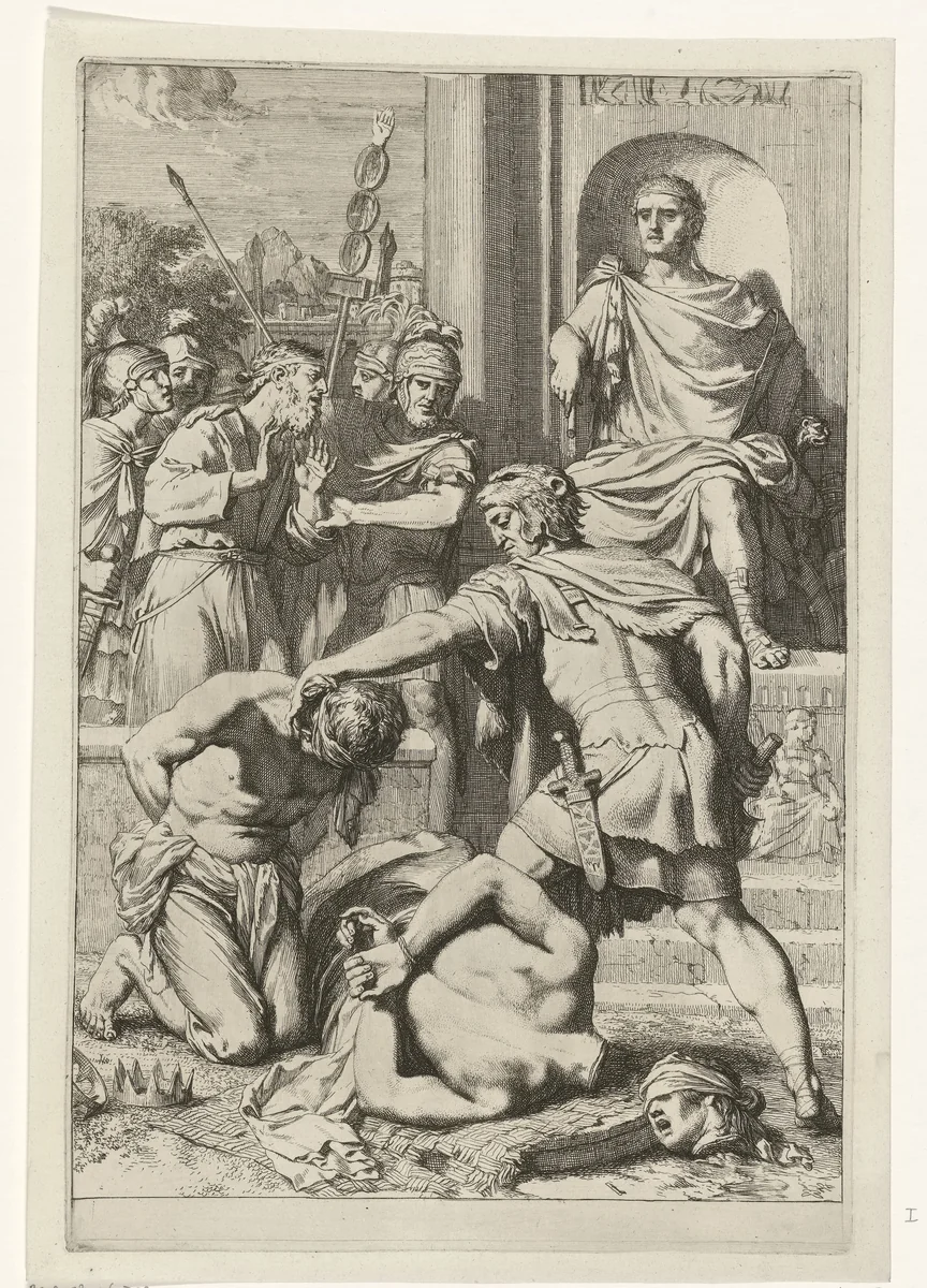 Onthoofding van twee koningen in opdracht van een Romeins keizer by Gerard de Lairesse, print, 1670