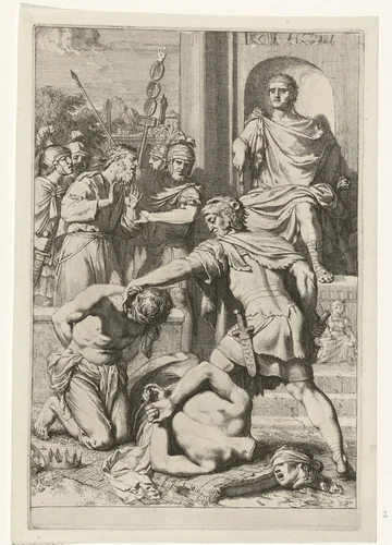 Onthoofding van twee koningen in opdracht van een Romeins keizer by Gerard de Lairesse, print, 1670