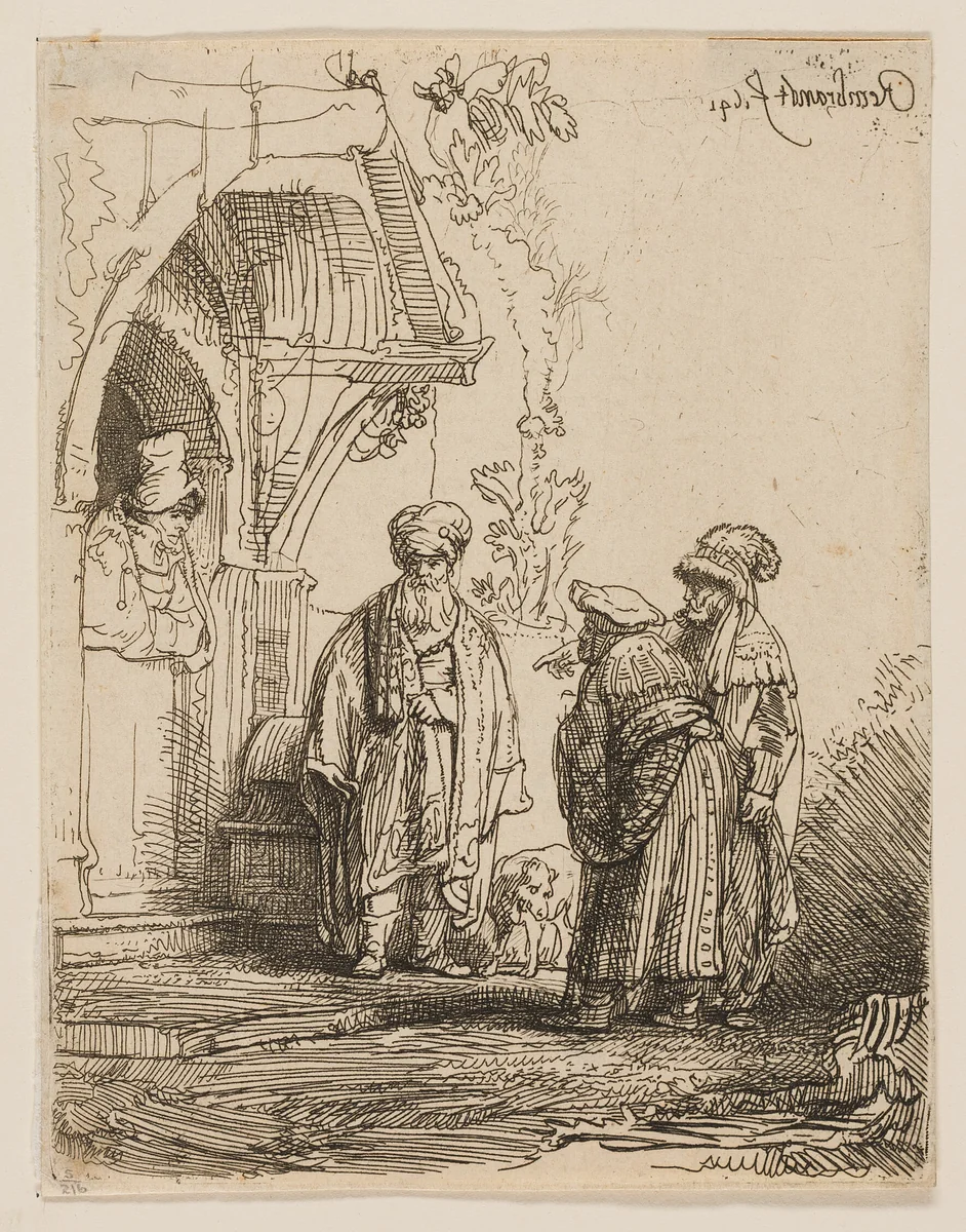 Three Oriental Figures (Jacob and Laban?) by Rembrandt van Rijn, print, 1641
