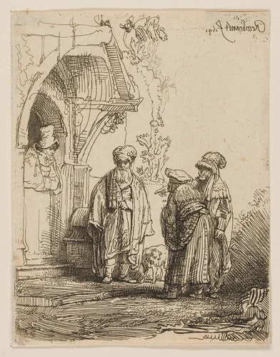 Three Oriental Figures (Jacob and Laban?) by Rembrandt van Rijn, print, 1641