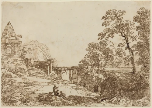Landscape with a Pyramid and Classical Ruins by Franz Kobell, drawing, 1749-1822