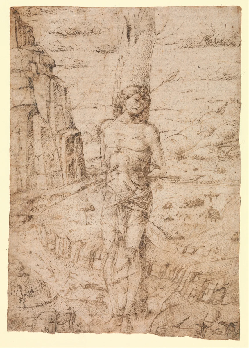 Saint Sebastian in a Landscape by Ferrara, drawing, 1471-1500