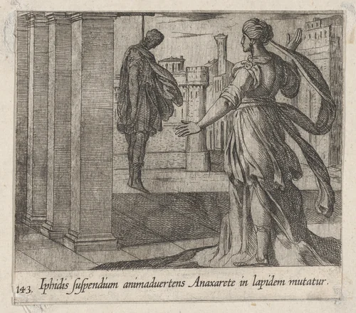 Plate 143: Anaxarete Seeing the Dead Iphis (Iphidis suspendium animaduertens Anaxarete in lapidem mutatur), from Ovid's 'Metamorphoses' by Antonio Tempesta, print, 1606