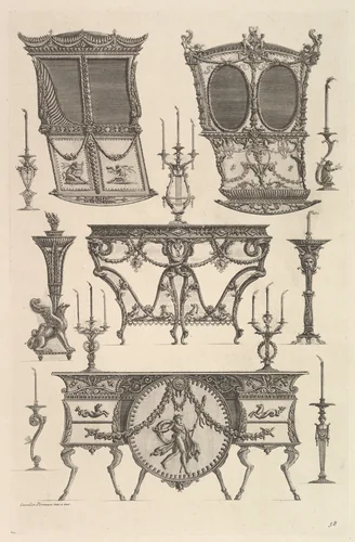 Miscellaneous furniture including two sedan chairs, a side table and a commode (Deux ch. à porteurs v. de côté, console, flambeau.), from Diverse Maniere d'adornare i cammini ed ogni altra parte degli edifizi...(Different Ways of ornamenting chimneypieces and all other parts of houses) by Giovanni Battista Piranesi, print, 1764-1774