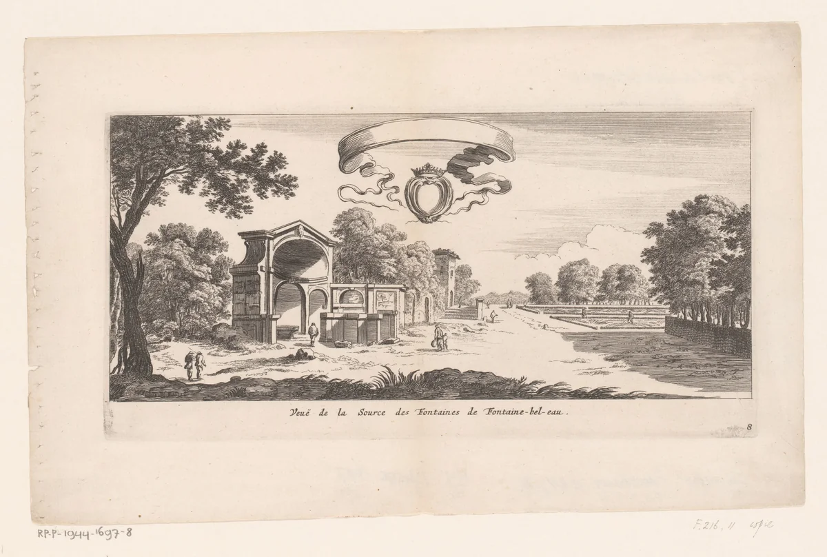 Gezicht op de bron van de fonteinen op Fontainebleau by anonymous, print, 1614-1677