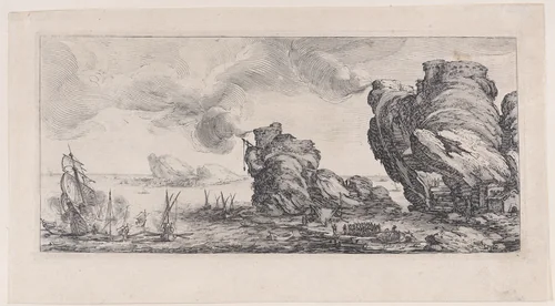 Le Combat Naval (The Naval Battle), from "Paysages Gravés pour Jean de Médicis appelées aussi Paysages Dessinés a Florence, Vues de Florence, Paysages d'Italie, et Paysages Définitifs" (Landscapes Engraved for Giovanni de'Medici, Landscapes Designed in Florence, Views of Florence, Landscapes of Italy, and Definitive Landscapes) by Jacques Callot, print, 1613-1623