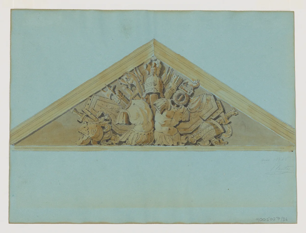 Design for a Pediment with an Armorial Trophy by Jean-Baptiste Louis Plantar, drawing, 1840-1880