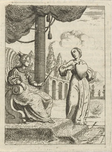 Personificatie van de ziel toont de tronende Wereld haar hart by Jan Luyken, print, 1678-1687