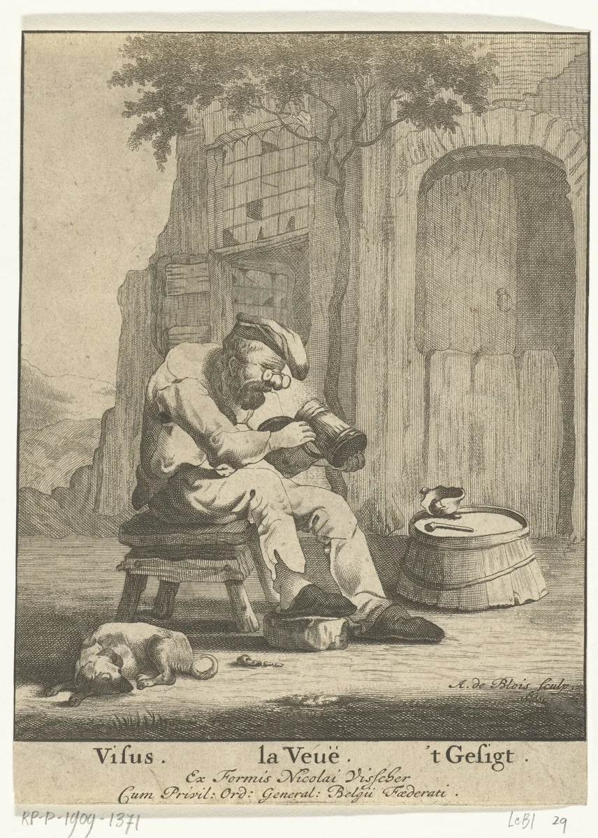 Het Gezicht: oude man met bril by Abraham de Blois, print, 1679-1717