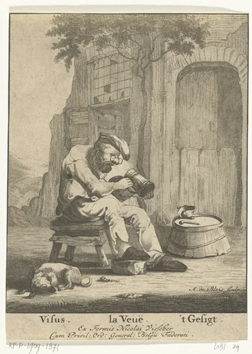 Het Gezicht: oude man met bril by Abraham de Blois, print, 1679-1717