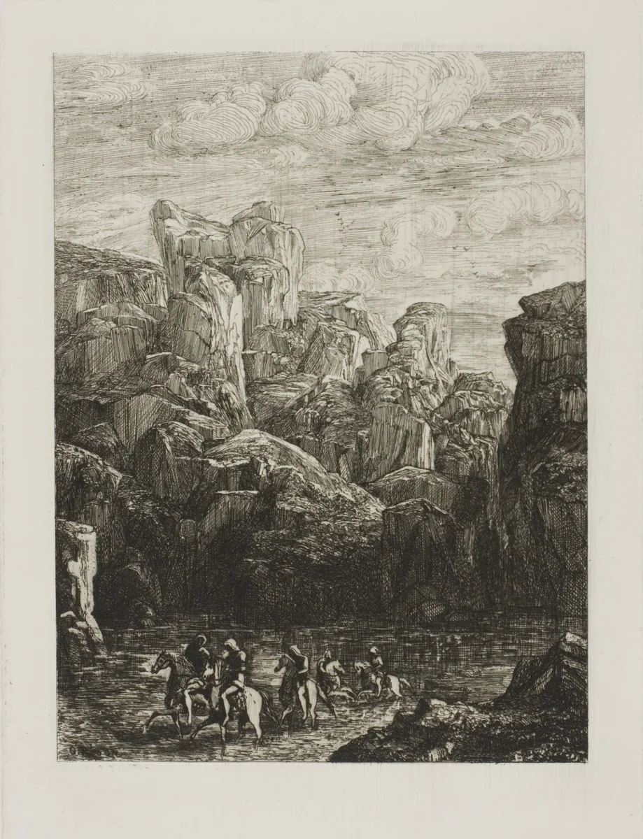 The Ford: Landscape with Horsemen by Odilon Redon, print, 1865