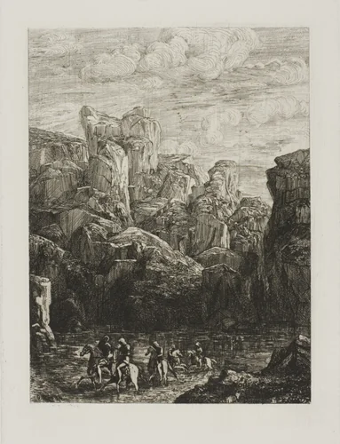 The Ford: Landscape with Horsemen by Odilon Redon, print, 1865