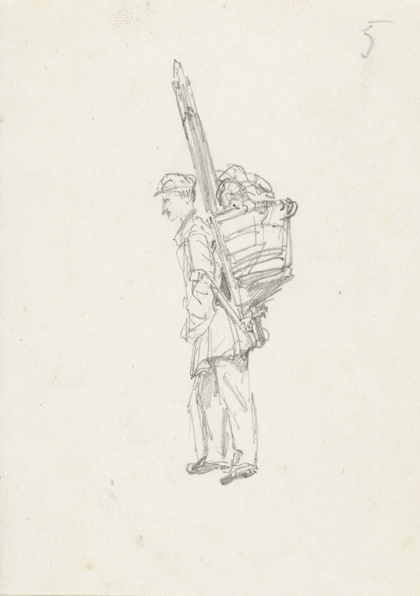 Schets van een man met een draagmand op zijn rug by Maxime François Antoine Lalanne, drawing, 1837-1886