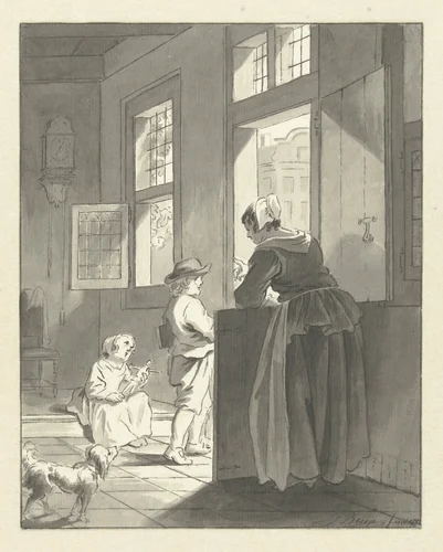 Een moeder vermaant haar naar school gaand kind by Jacobus Buys, drawing, 1782
