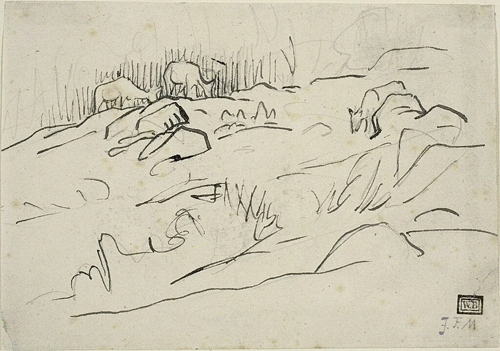Landscape with Cattle by Jean-François Millet, drawing, 1866-1867