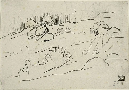 Landscape with Cattle by Jean-François Millet, drawing, 1866-1867